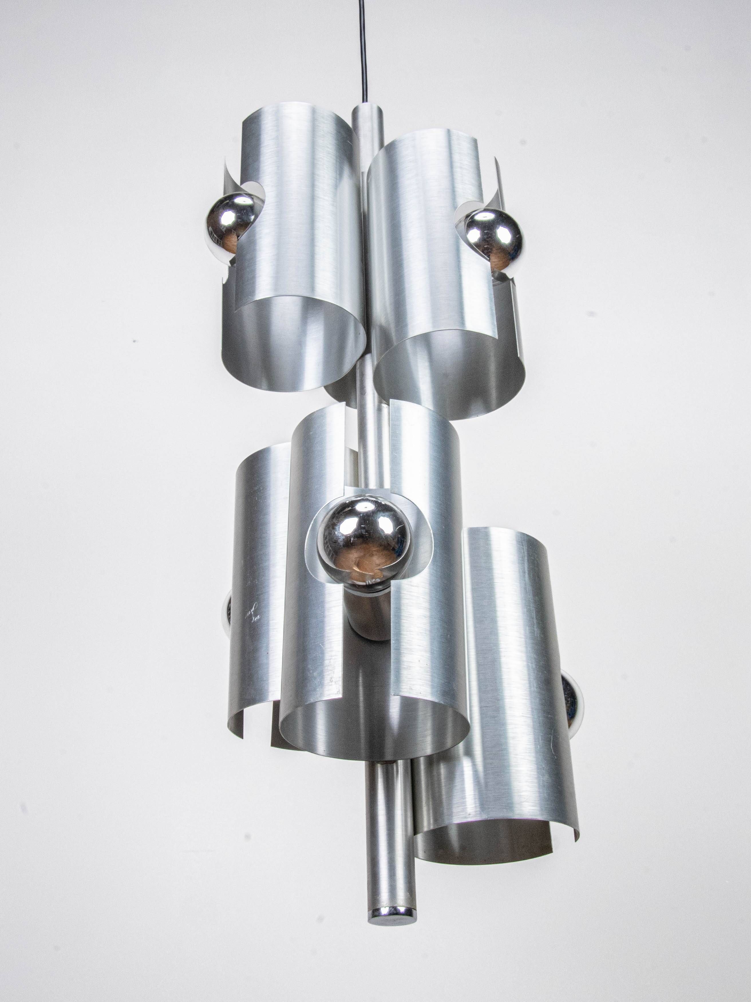 Brushed metal chandelier by Polam Bielsko, 1960s-1970s