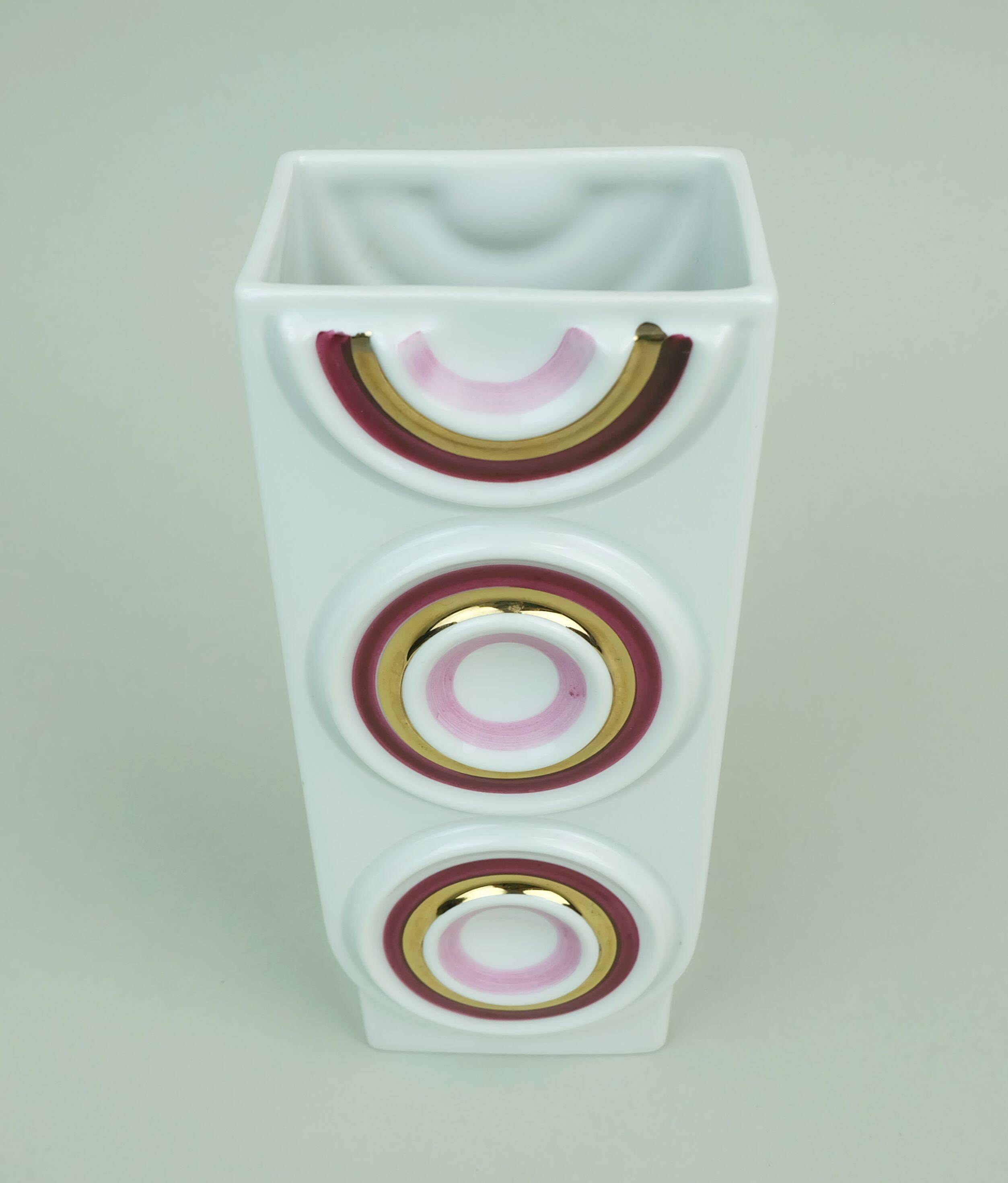 1960s plankenhammer floss porcelain VASE with violet pink and gold op art