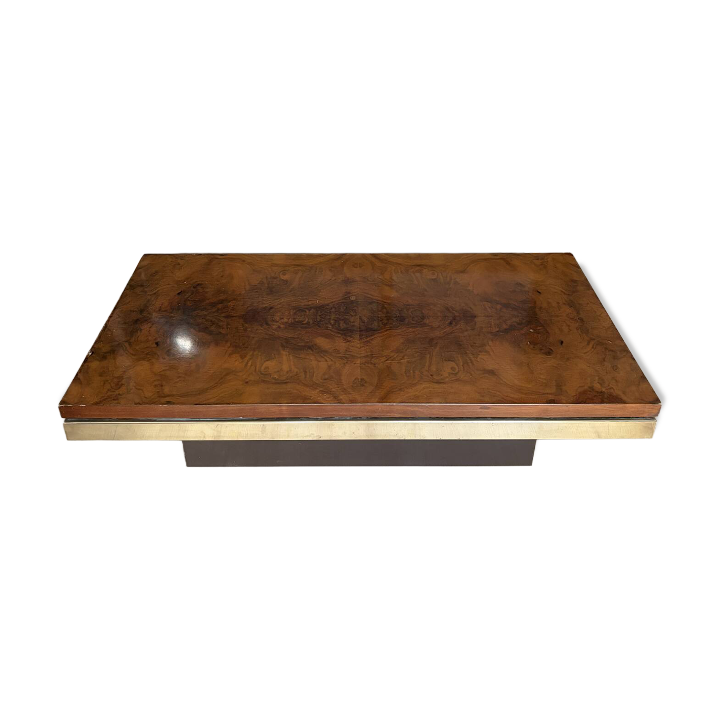 Elm burl coffee table and brass 70s Roche Bobois