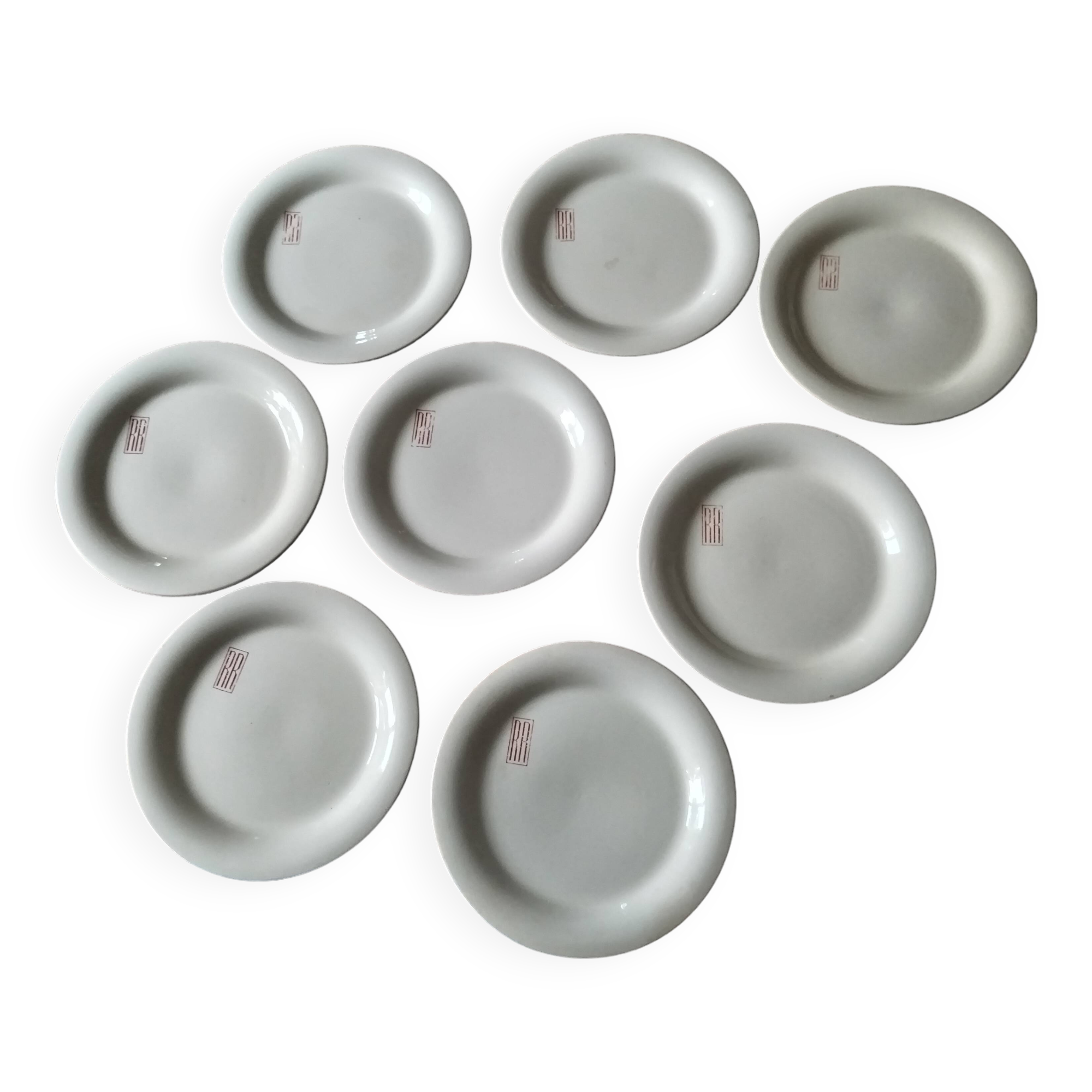8 Longwy earthenware hotel plates 19th century initials RR