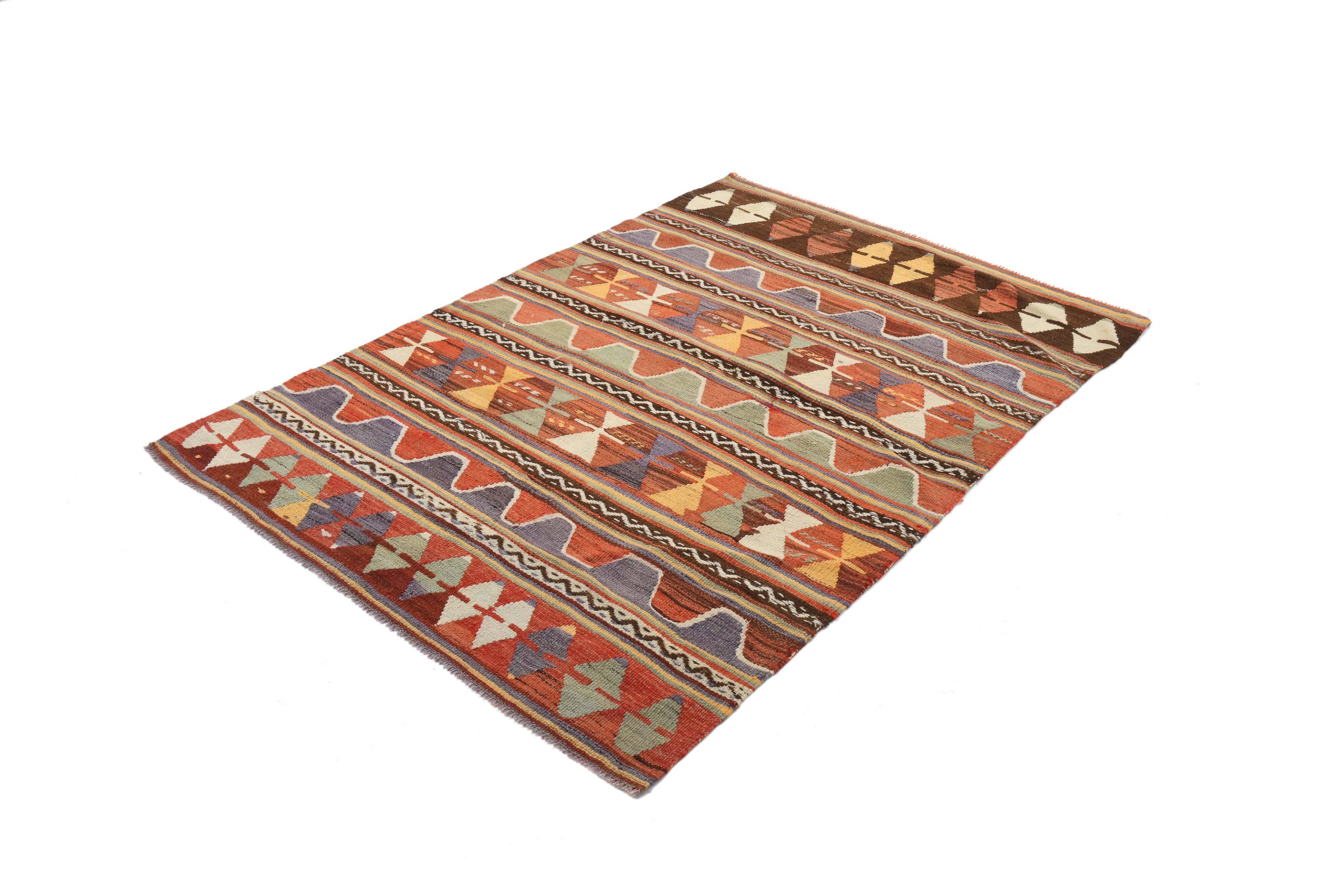 4x6 Green & Red Geometric Vintage Kilim Rug, 123x169Cm