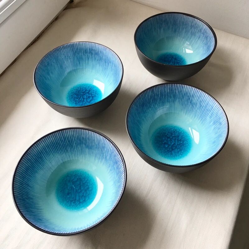 4 Bols en grès japonais émaillé turquoise Neufs
