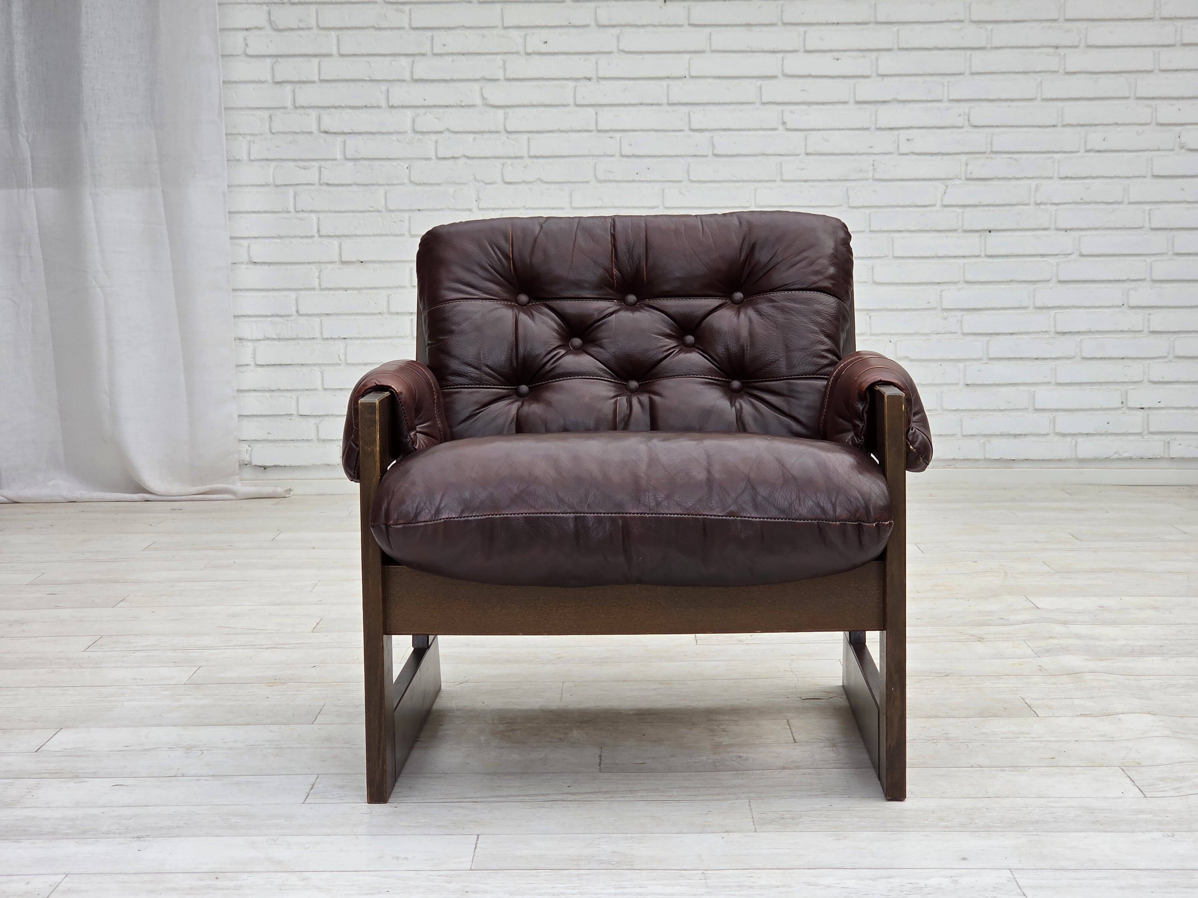1970s, Scandinavian armchair, brown furniture leather, dark beech wood.