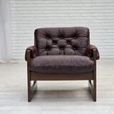 1970s, Scandinavian armchair, brown furniture leather, dark beech wood.