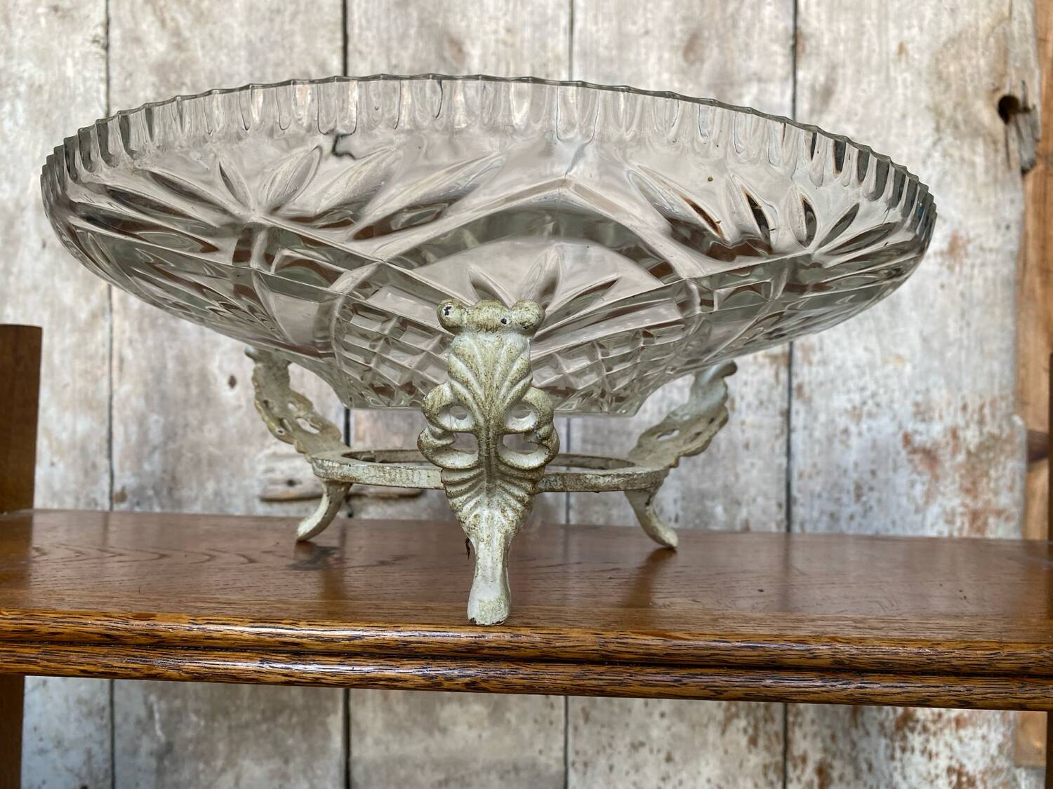 Antique fruit bowl centerpiece molded glass + vintage wrought iron