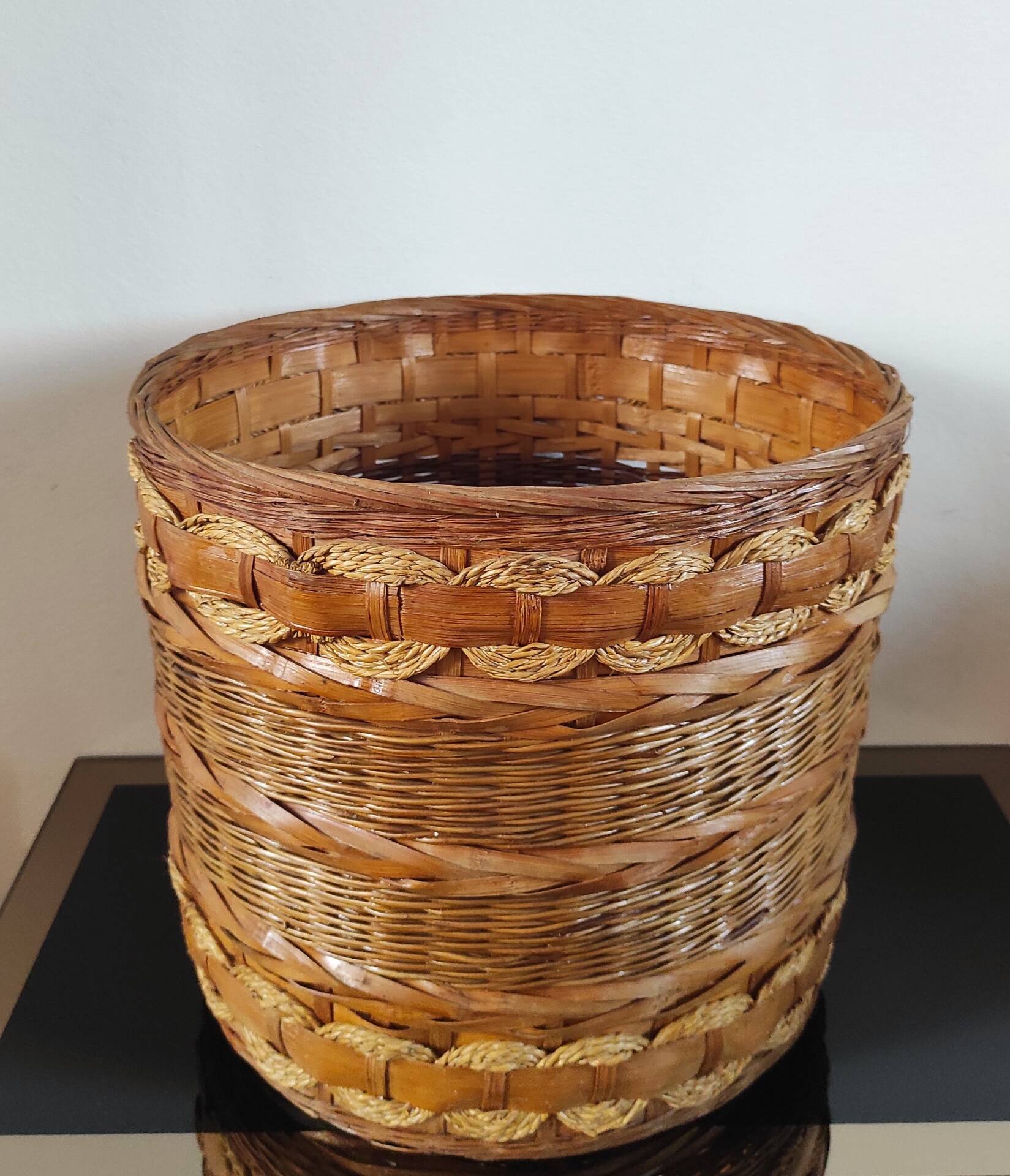 Large vintage wicker and rattan cache pot