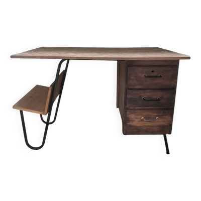 Bureau vintage moderniste en bois & métal tubulaire - Édition Spirol (