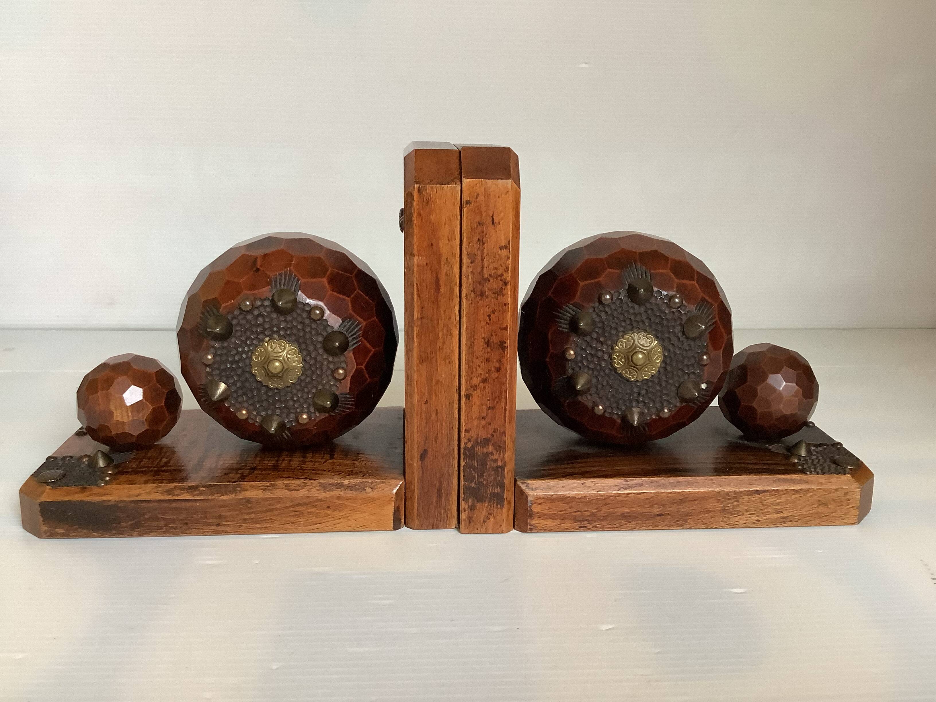 Pair of wooden ball bookends