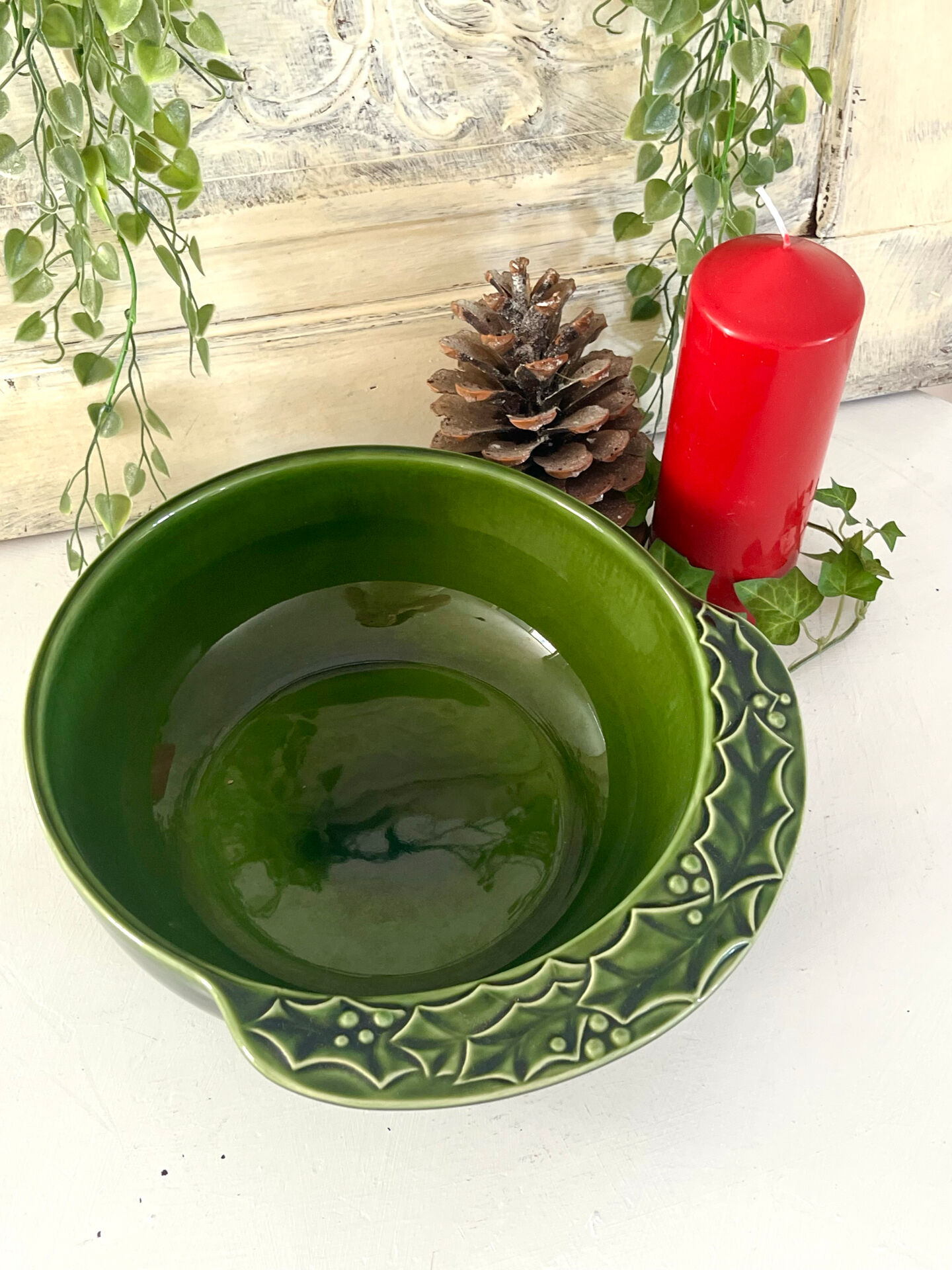 Christmas serving bowl, French BCI holly ceramic bowl, green glazed