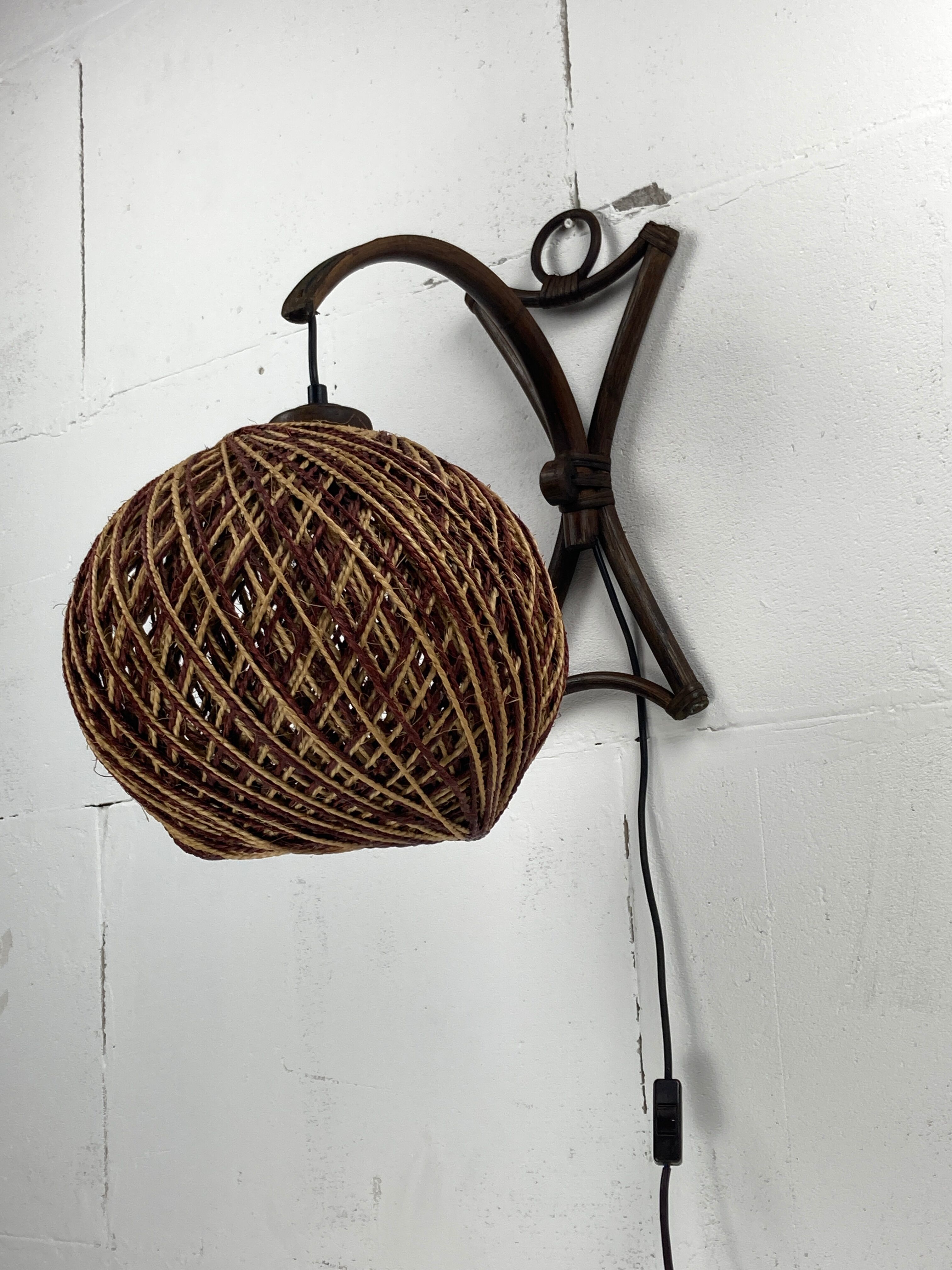 Rattan bamboo and rope sisal wall lamp, Dutch 1960s