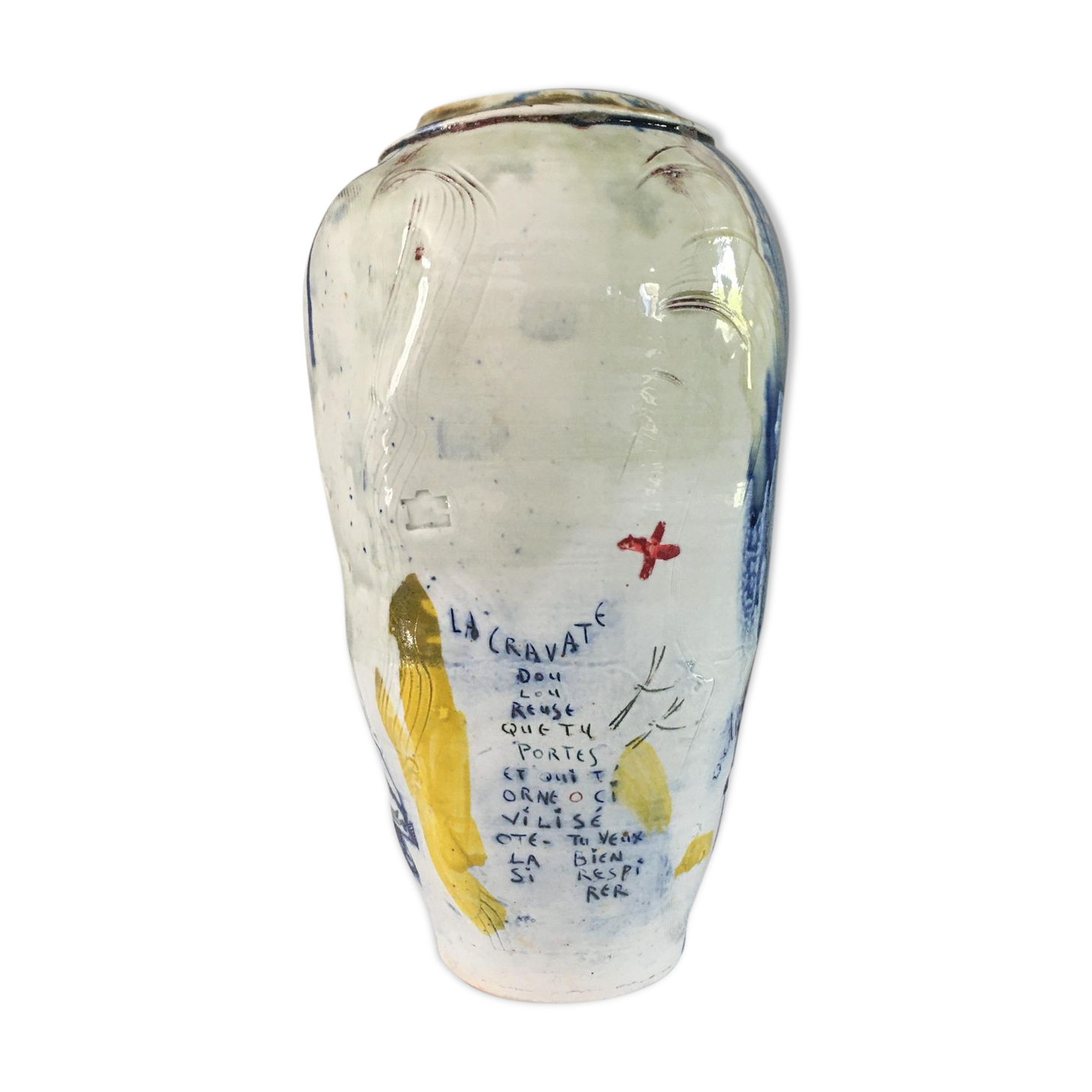 Thierry Basile vase in enamelled sandstone with abstract decoration