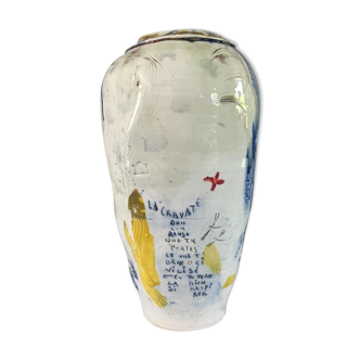 Thierry Basile vase in enamelled sandstone with abstract decoration