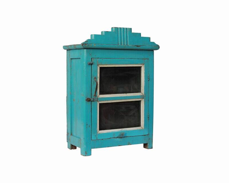 Indian showcase or bedside glass old teak blue patina