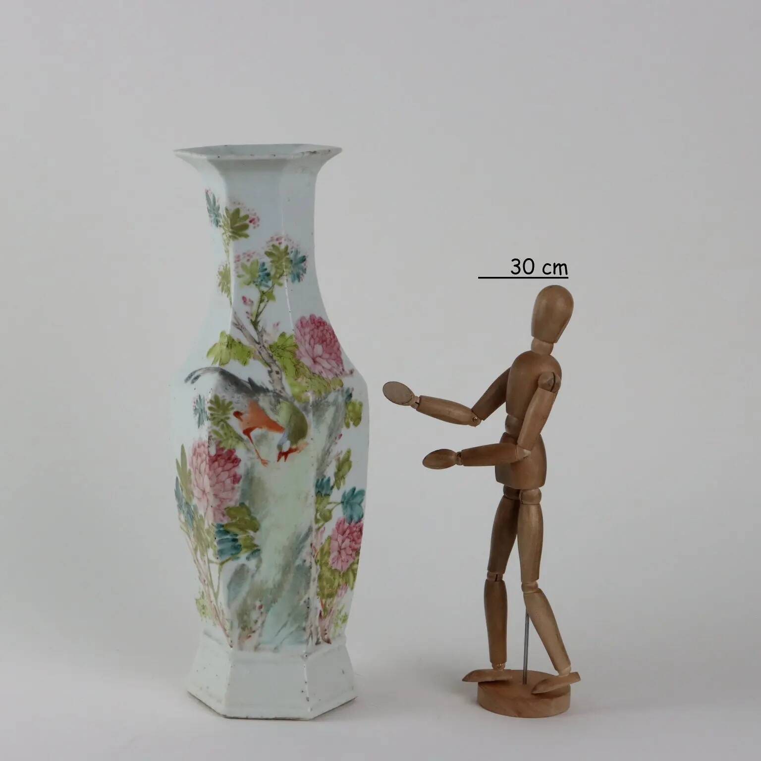 Antique hexagonal baluster vase in glazed porcelain, China, 1910-1920