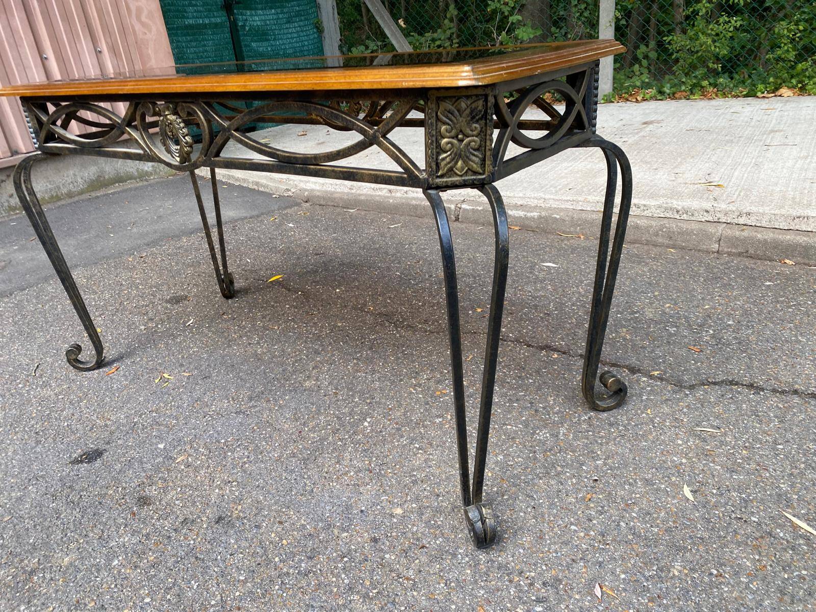 Neo-classical entrance console in wrought iron and solid oak H70 cm 1970