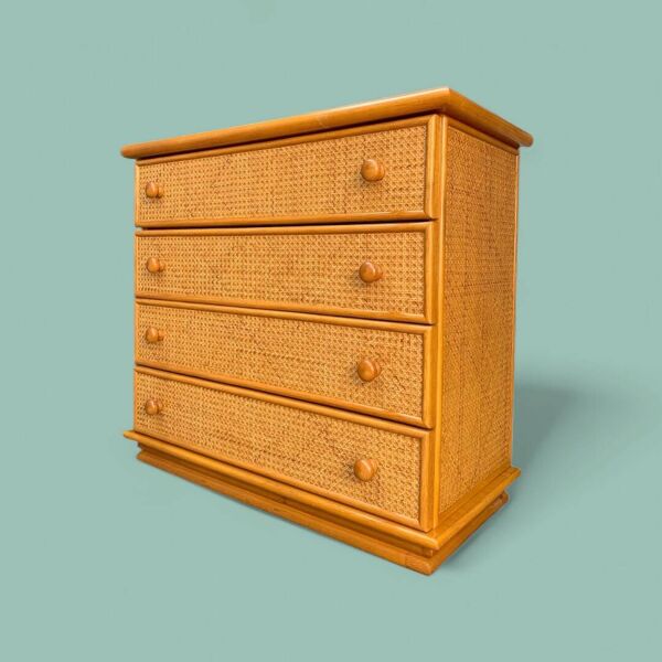Commode et son chevet en rotin cannage et chêne vintage 1970