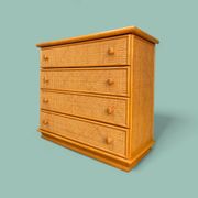 Dresser and its bedside table in rattan caning and vintage oak from the 1970s.