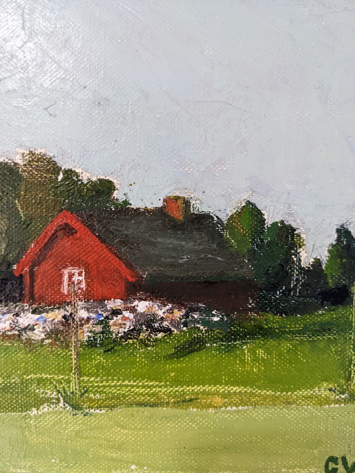 Mid-Century Modern Swedish "Red Cottage" Vintage Landscape Oil Painting, Framed