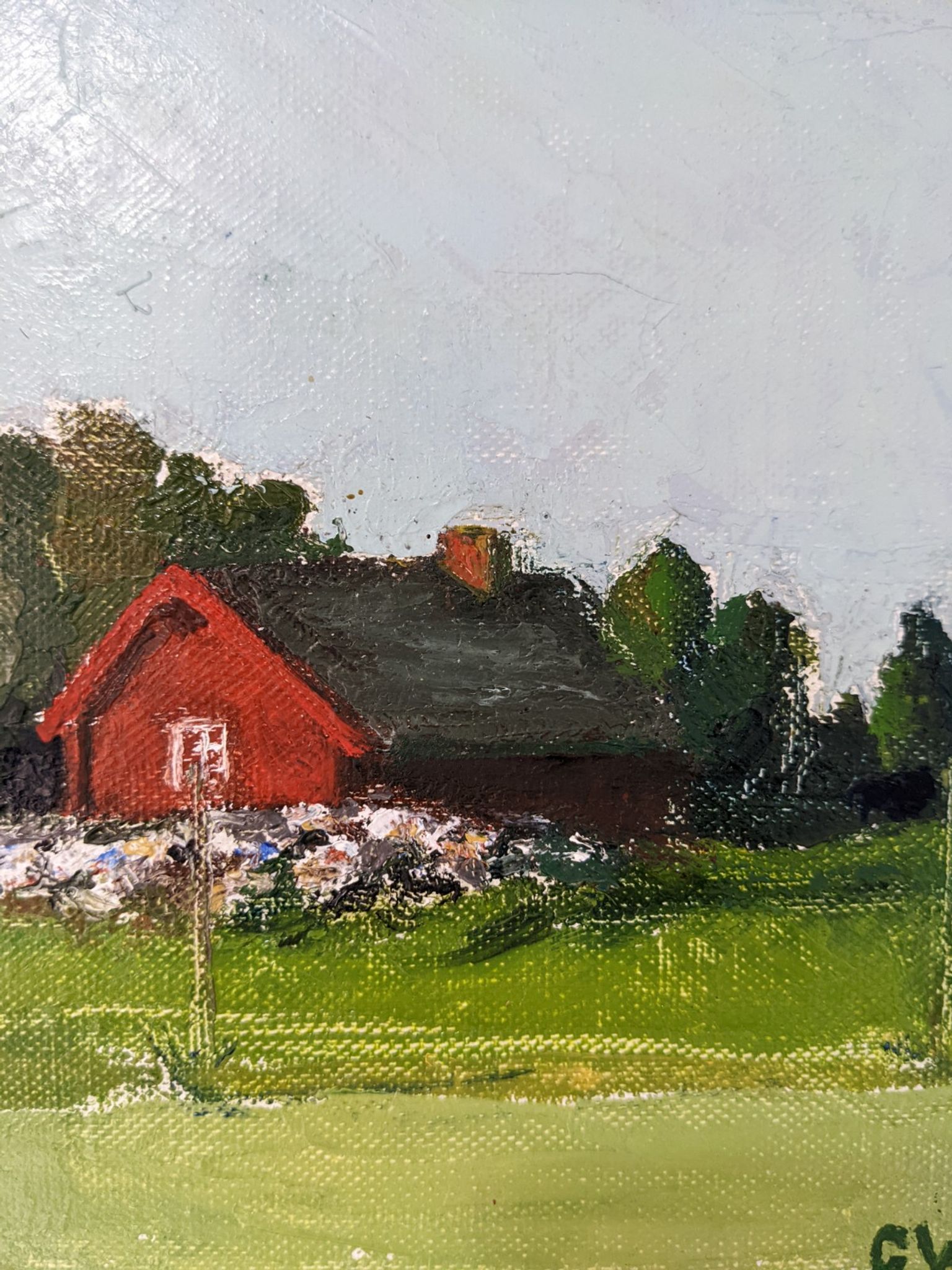 Mid-Century Modern Swedish "Red Cottage" Vintage Landscape Oil Painting, Framed