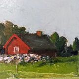 Mid-Century Modern Swedish "Red Cottage" Vintage Landscape Oil Painting, Framed