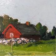 Mid-Century Modern Swedish "Red Cottage" Vintage Landscape Oil Painting, Framed