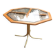 Octagonal table in brass and glass, brown and straw yellow — Hollywood Regency style.