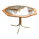 Octagonal table in brass and glass, brown and straw yellow — Hollywood Regency style.