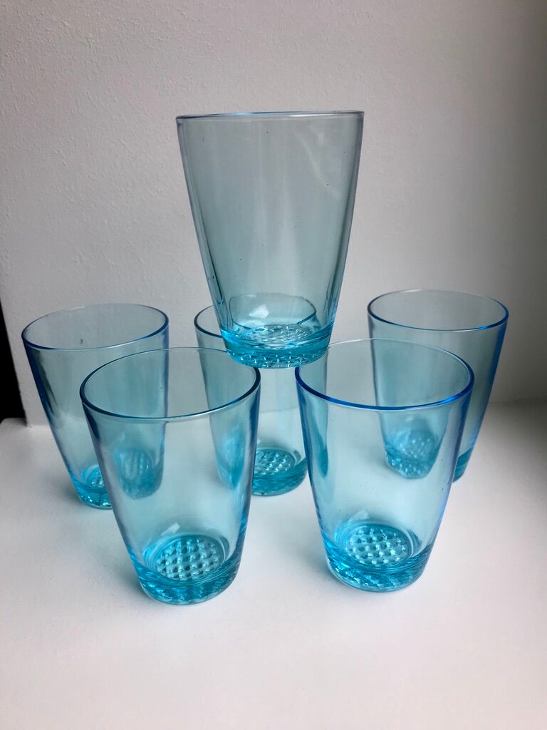 set of 6 water glasses Made in France blue glass 70s