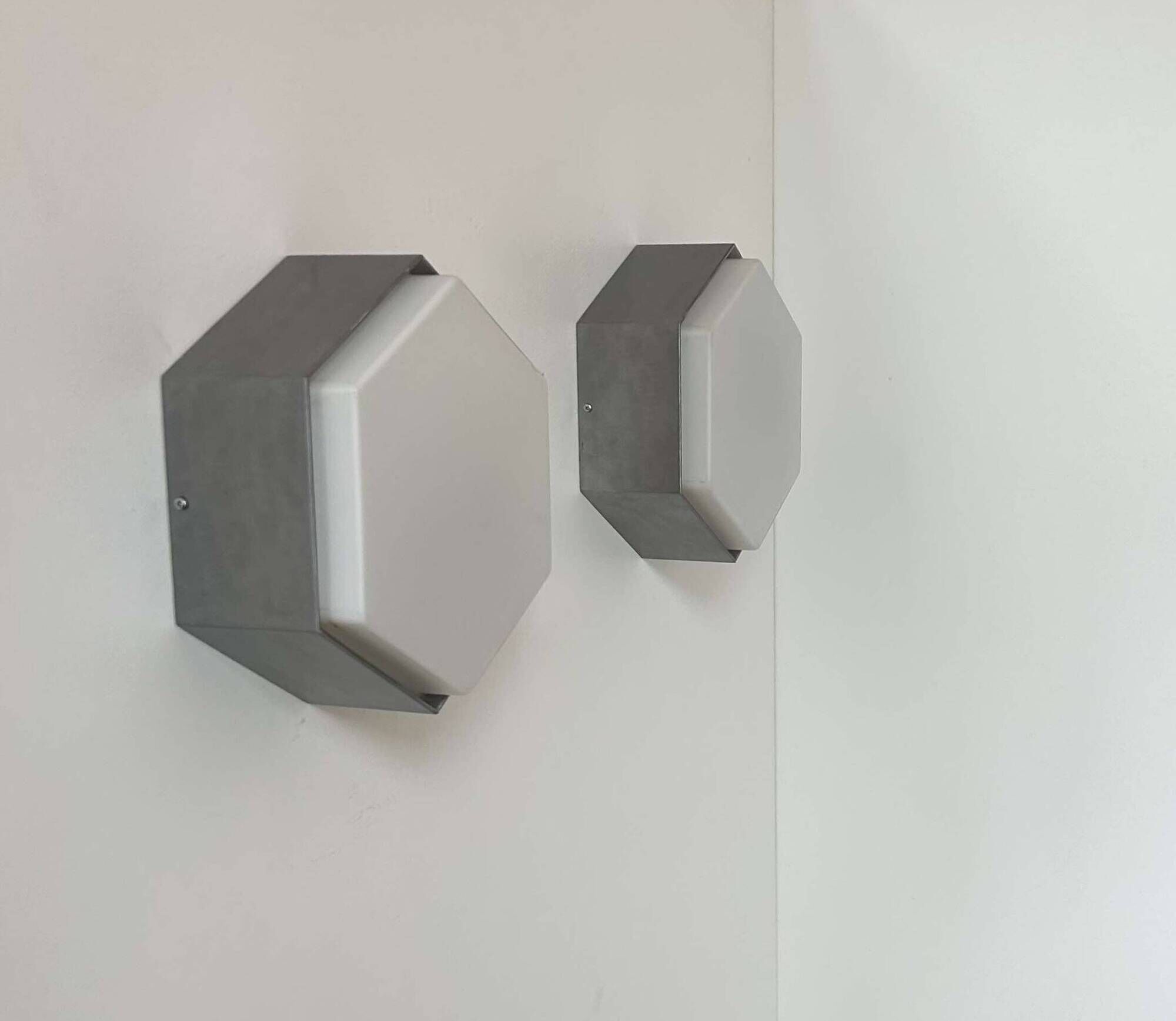 Pair of vintage opaline and metal wall lights, Raak Holland 1970
