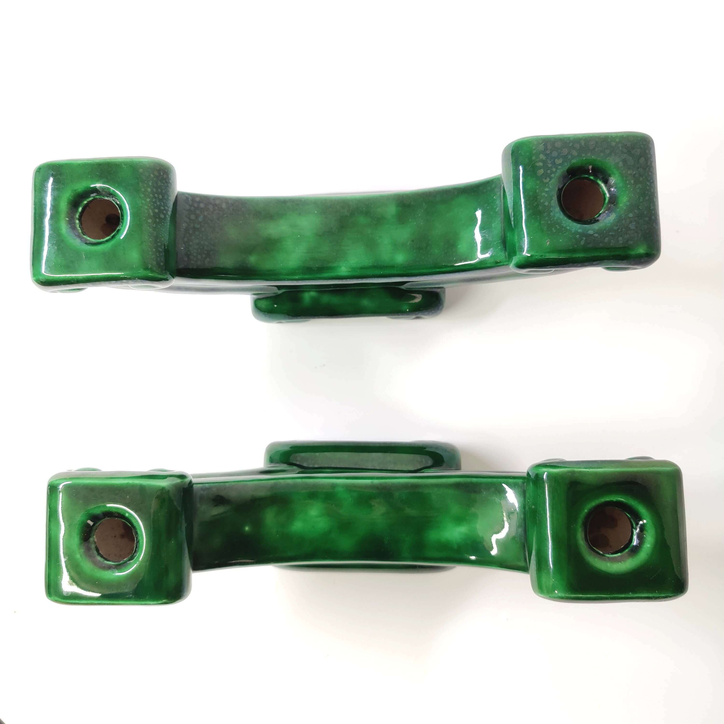 Pair of Art Deco green ceramic candlesticks by Santiago Rodriguez Bonome Paris