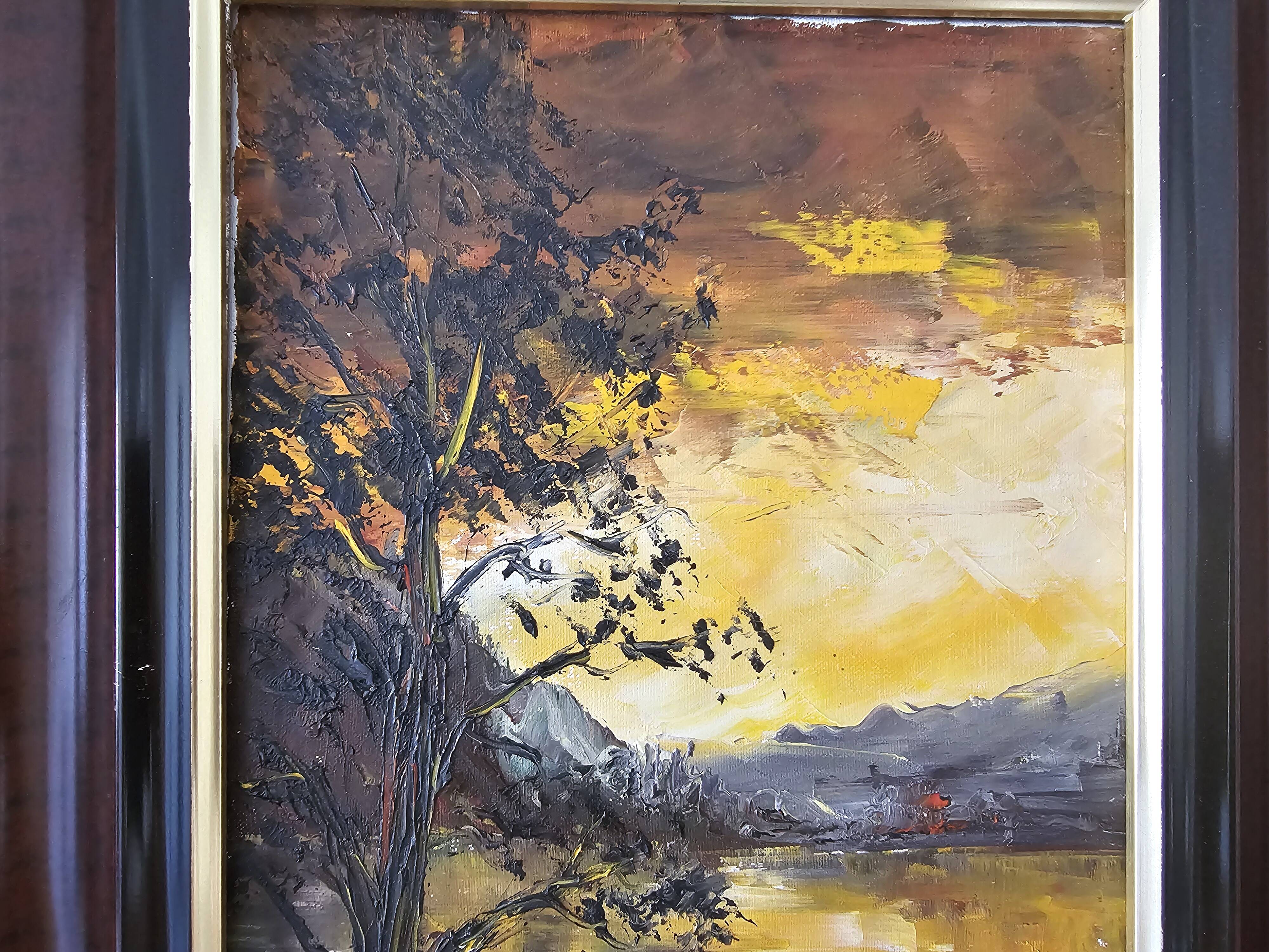 Oil on Canvas Landscape One Evening at the Hatching Pond Signed Gilles Laverne