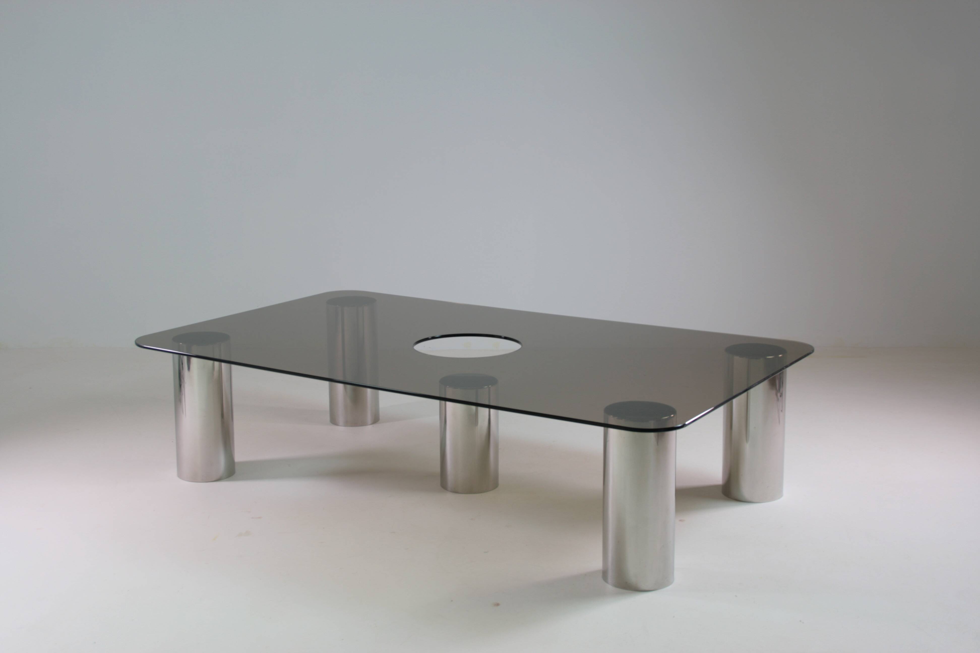 Large coffee table in chromed metal and smoked glass, Italy 1970