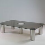 Large coffee table in chromed metal and smoked glass, Italy 1970