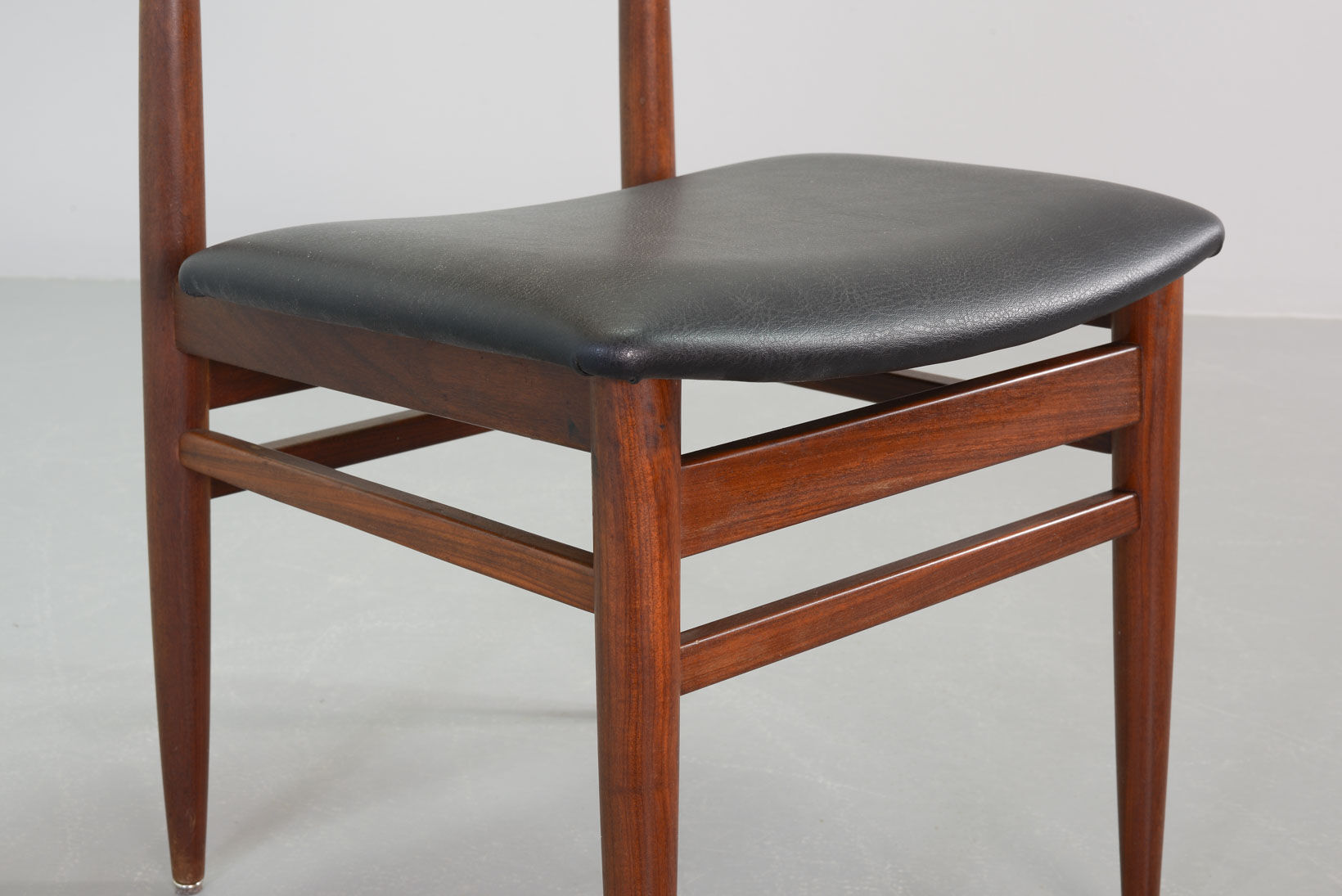 Danish Solid Teak Wooden Dining Chairs with Black Leatherette Seating 1960s