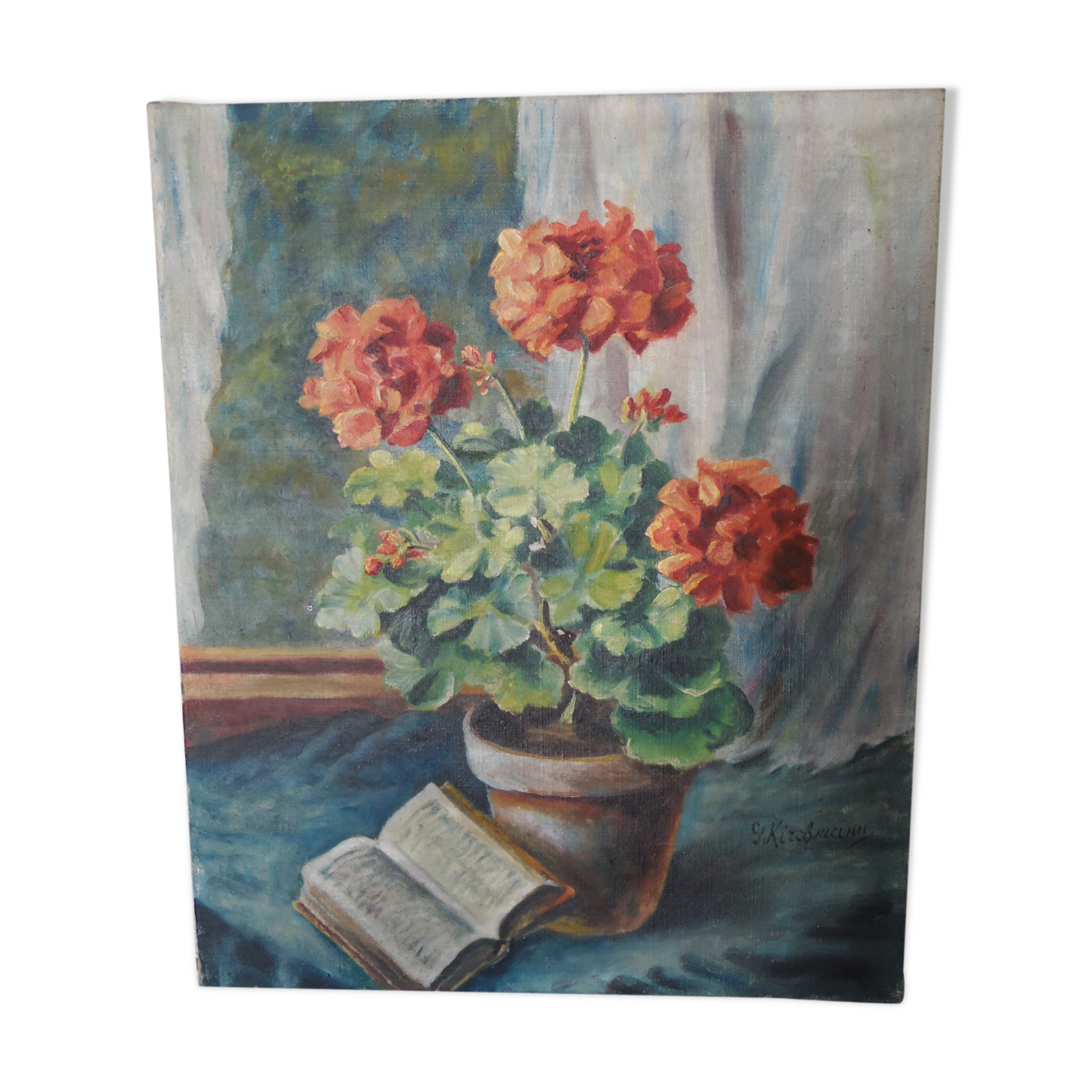 Peinture a l'huile signé, nature morte  pot de geranium