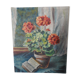 Peinture a l'huile signé, nature morte  pot de geranium