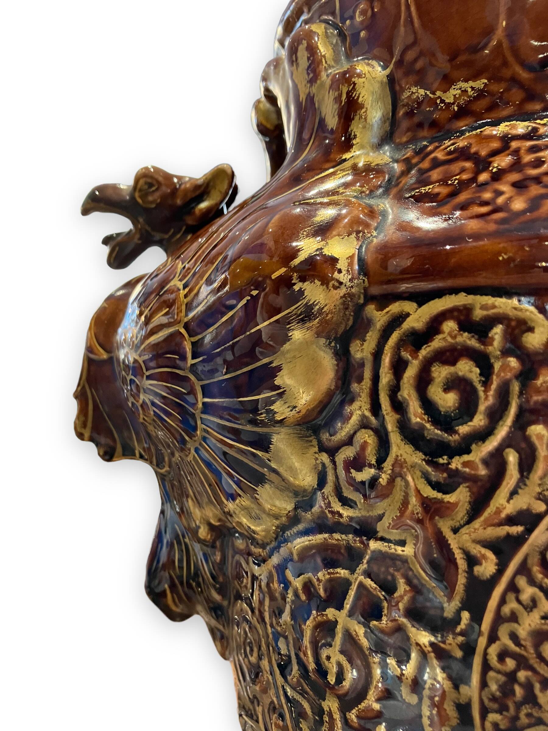 Important Longchamp Griffon vase in golden ceramic