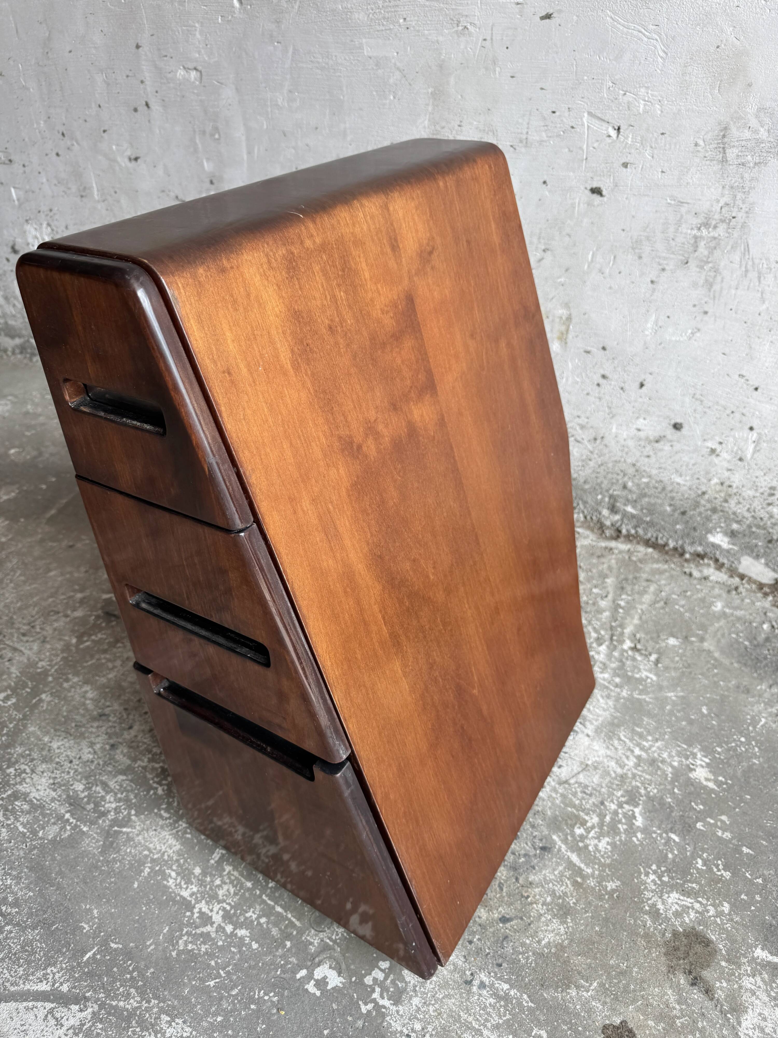 Meuble triangulaire en bois foncé pour avion, à 3 tiroirs, armoire aéronautique en bois courbé