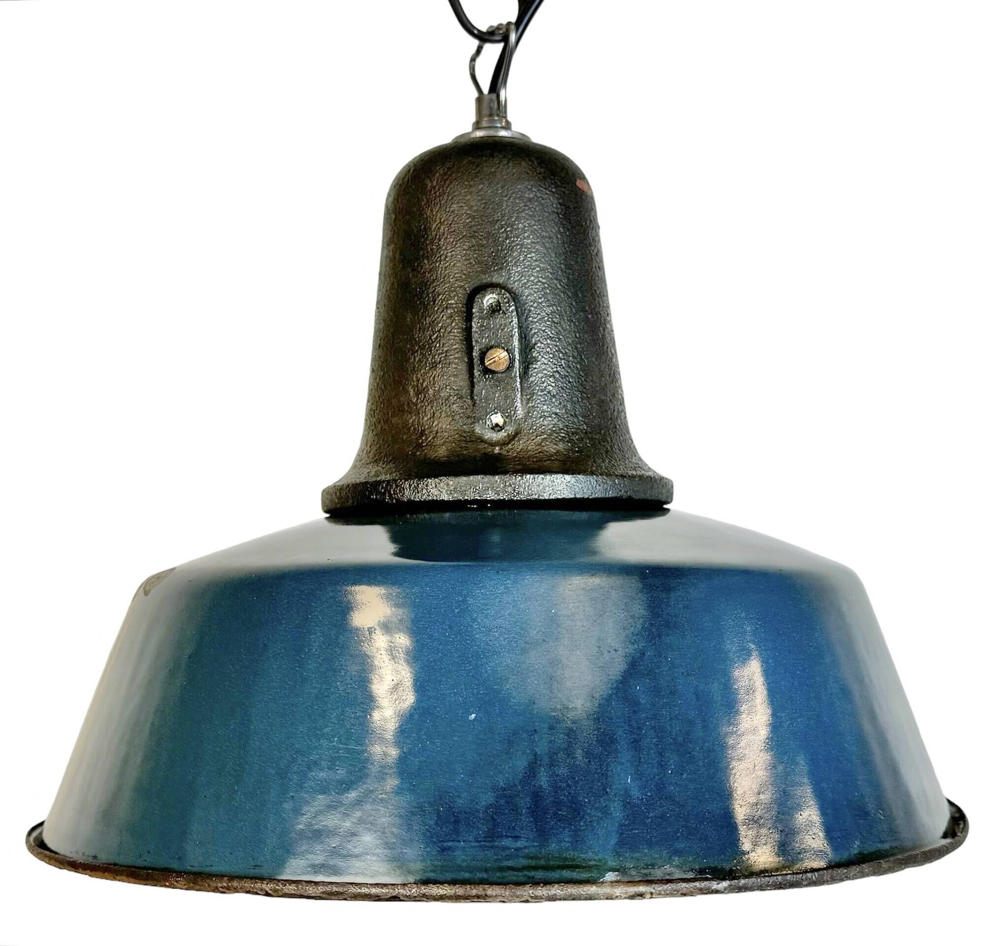 Industrial Blue Enamel Factory Lamp with Cast Iron Top, 1960s