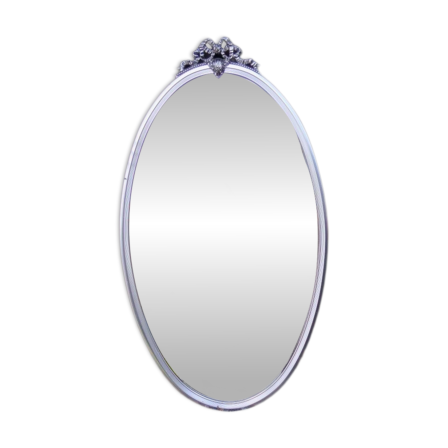 Oval mirror 66x37 Louis XVI style knot in vintage silver metal from the 70s