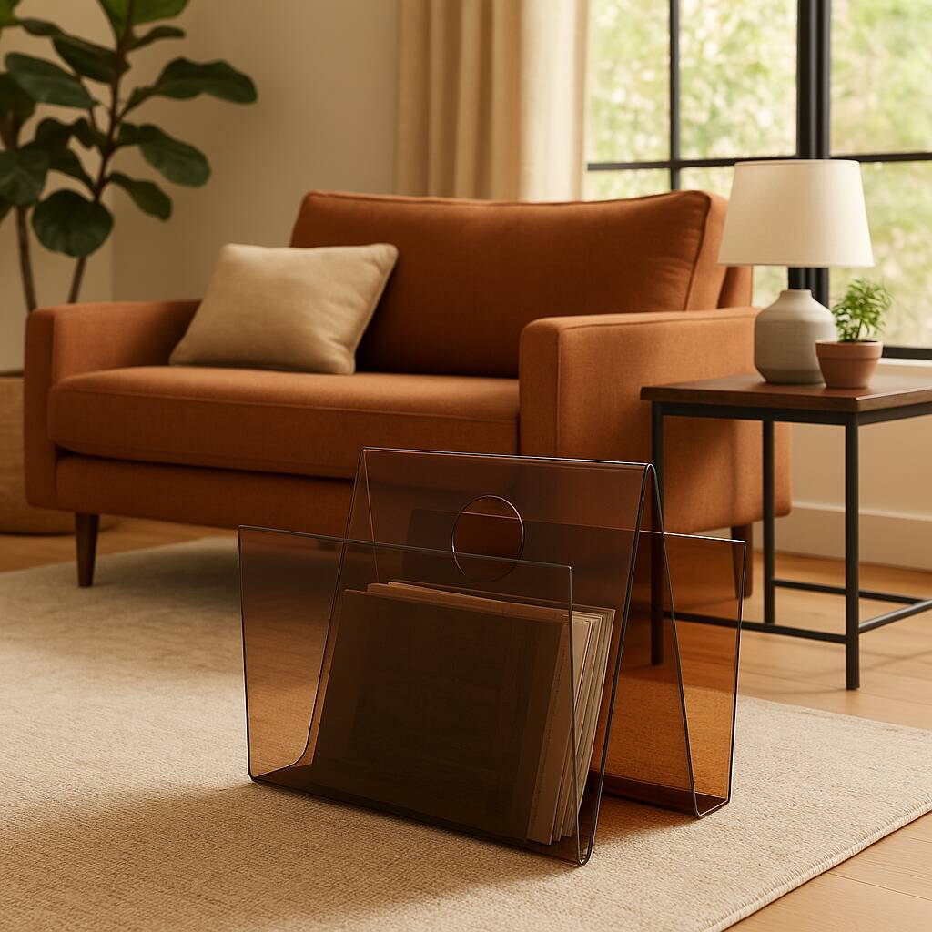 Vintage magazine rack in smoked plexiglass, Italian design from the 70s