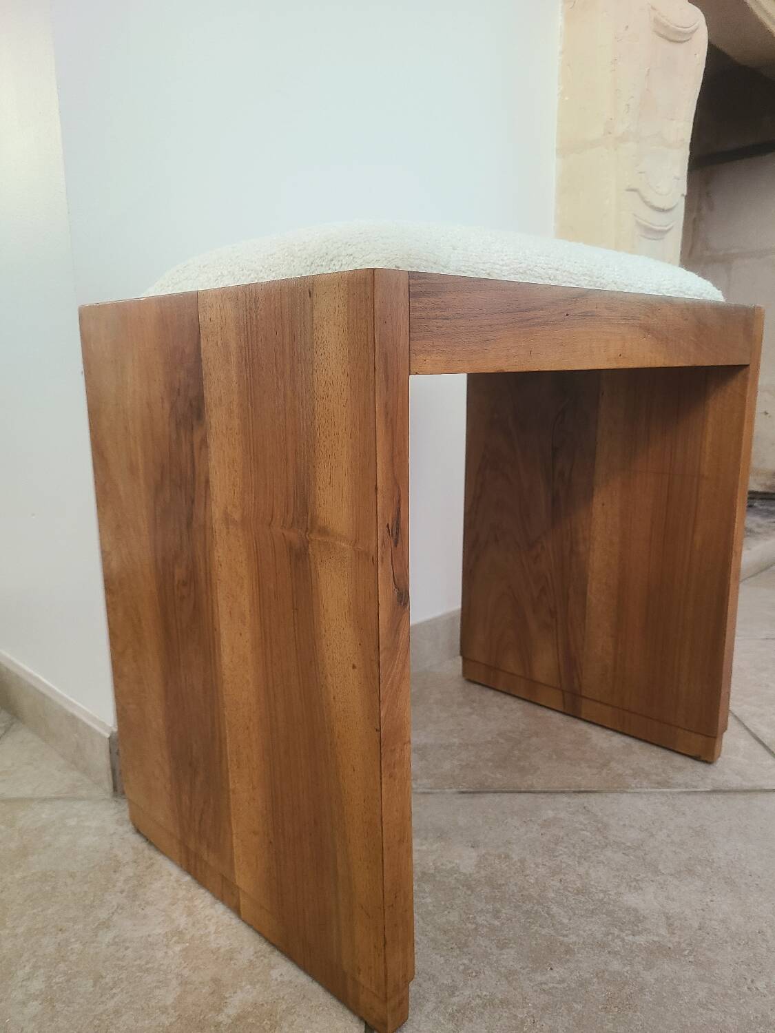 Antique Art Deco piano bench stool rosewood white bouclette fabric