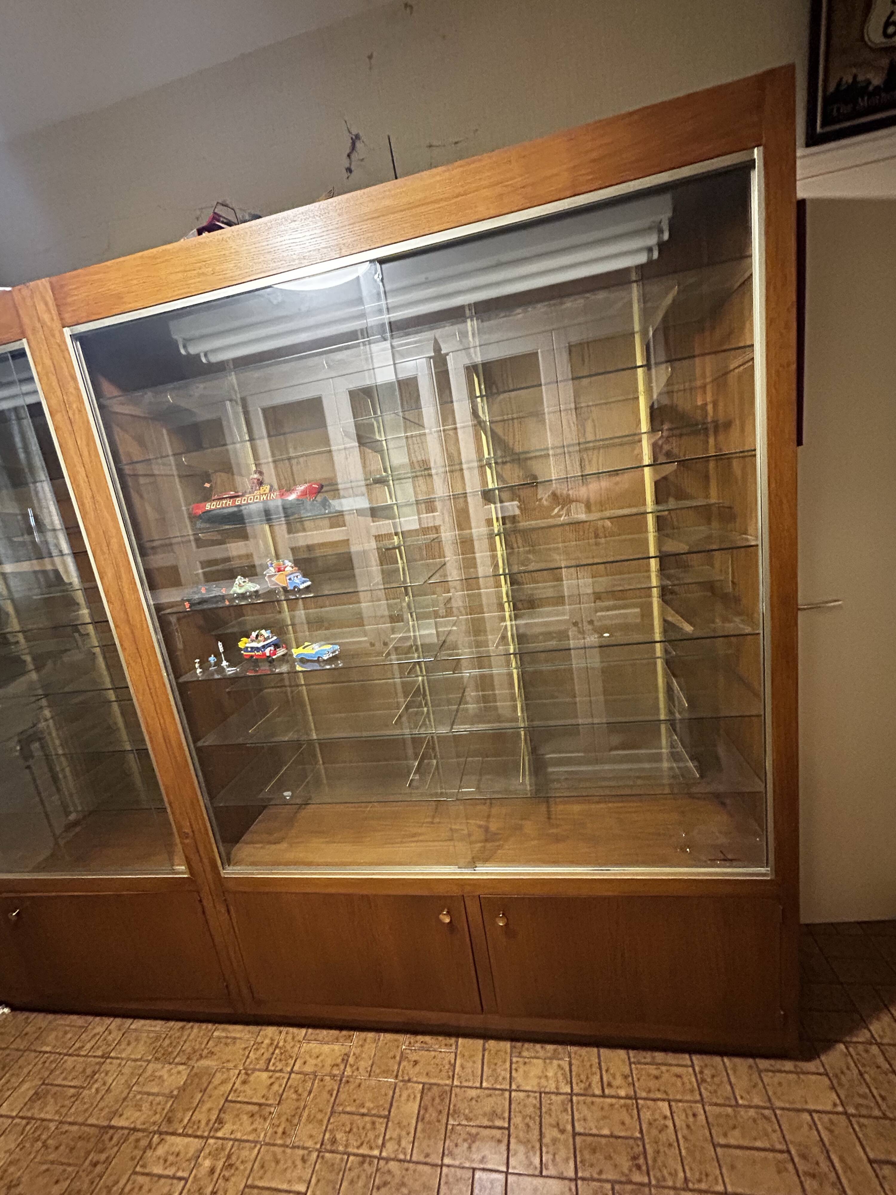 Set of 2 large vintage wooden and glass display cabinets – integrated lighting