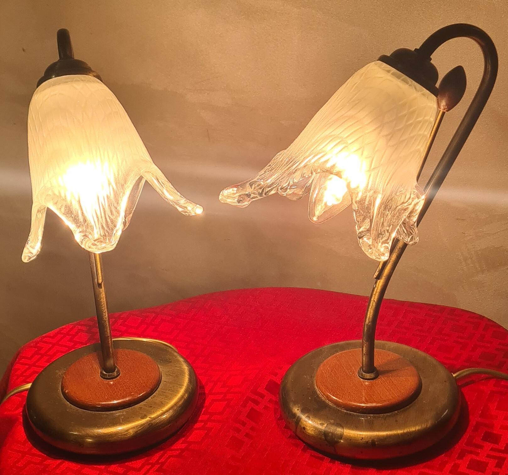 bedside lamp brass wood and glass 1970 to 80, traces of normal use, photo