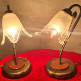 bedside lamp brass wood and glass 1970 to 80, traces of normal use, photo