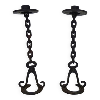 Large pair of vintage brutalist "Chaines" candlesticks in wrought iron 1960
