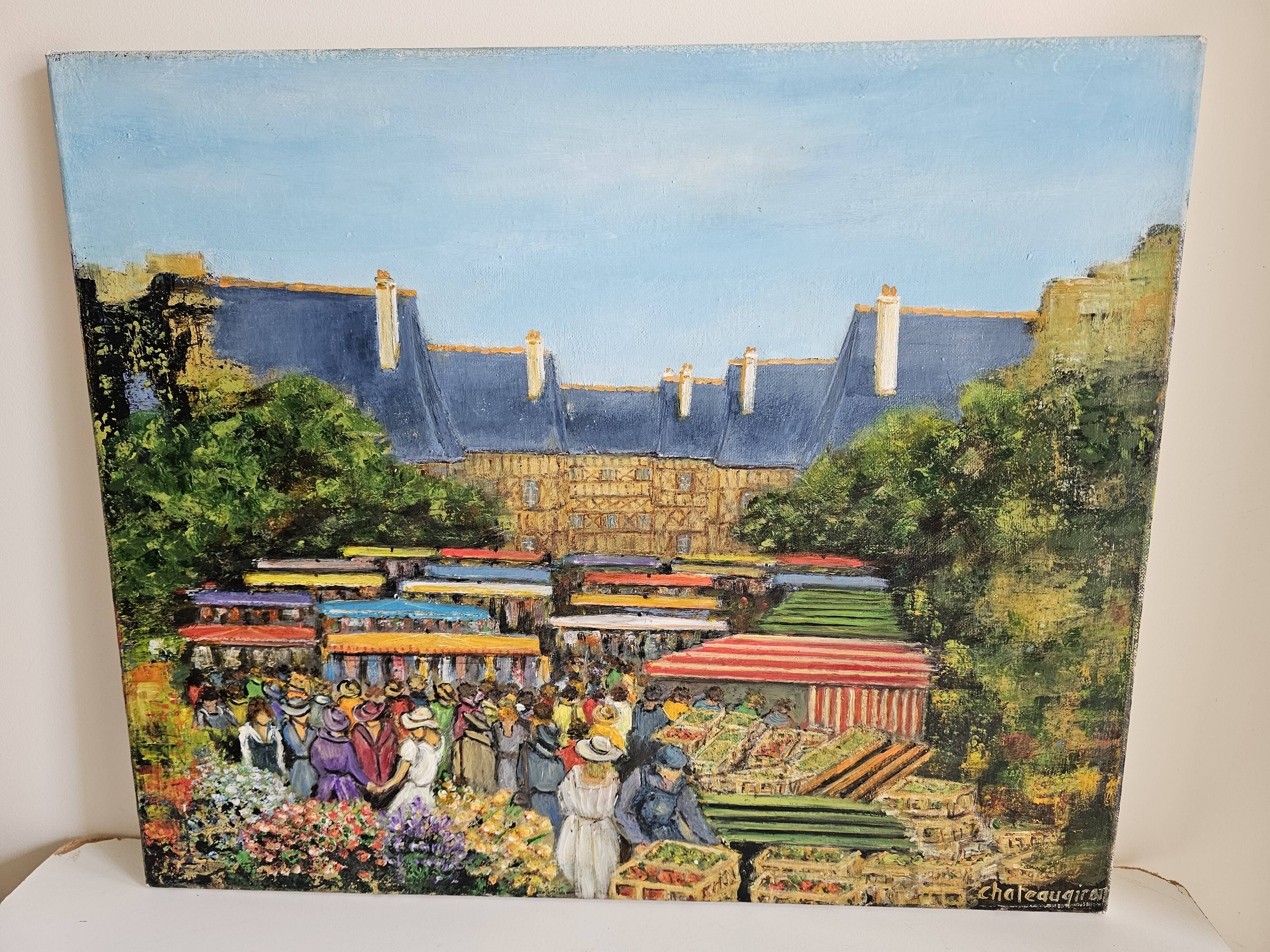 Tableau Huile sur Toile - Paysage marché Breton Signé Chateaugiron
