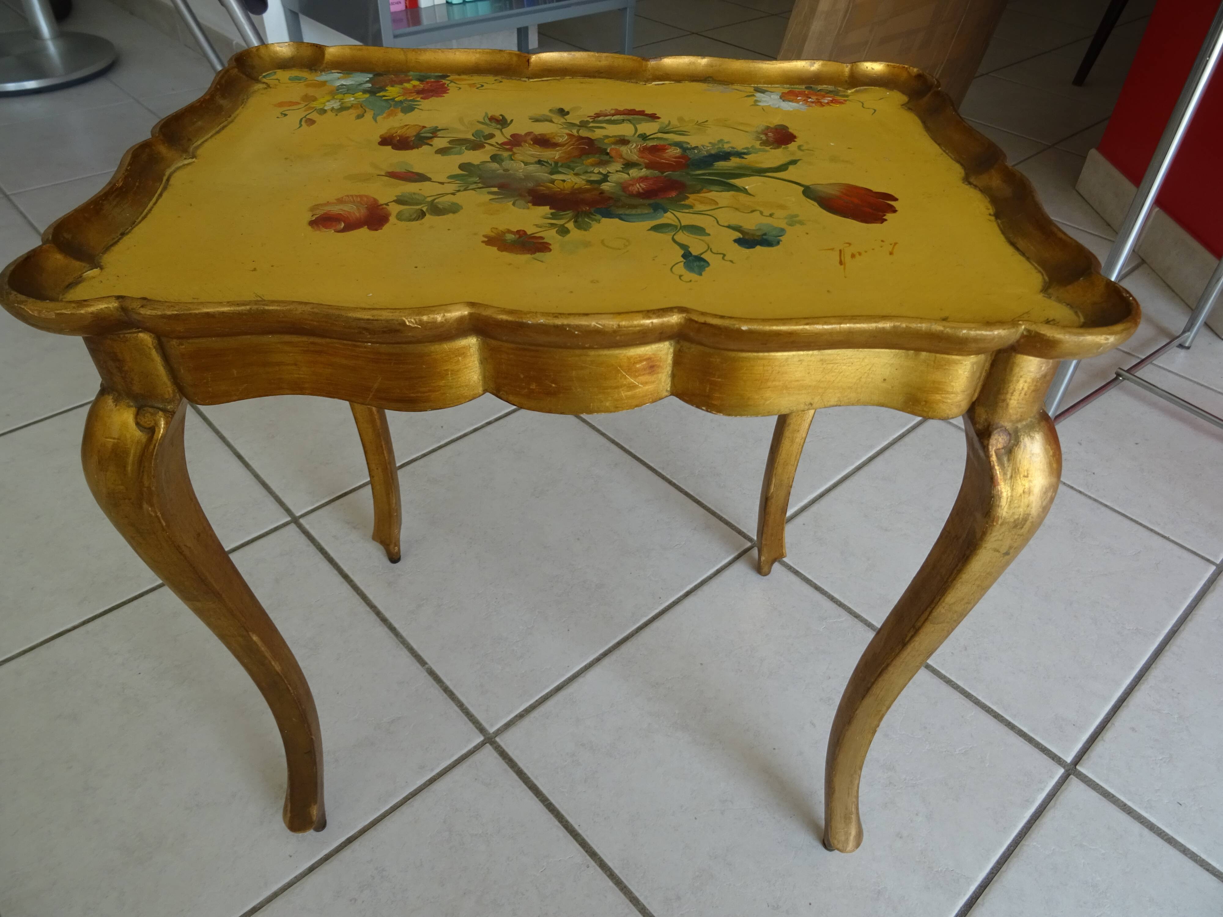Side coffee table gilded wood decoration flowers year 60