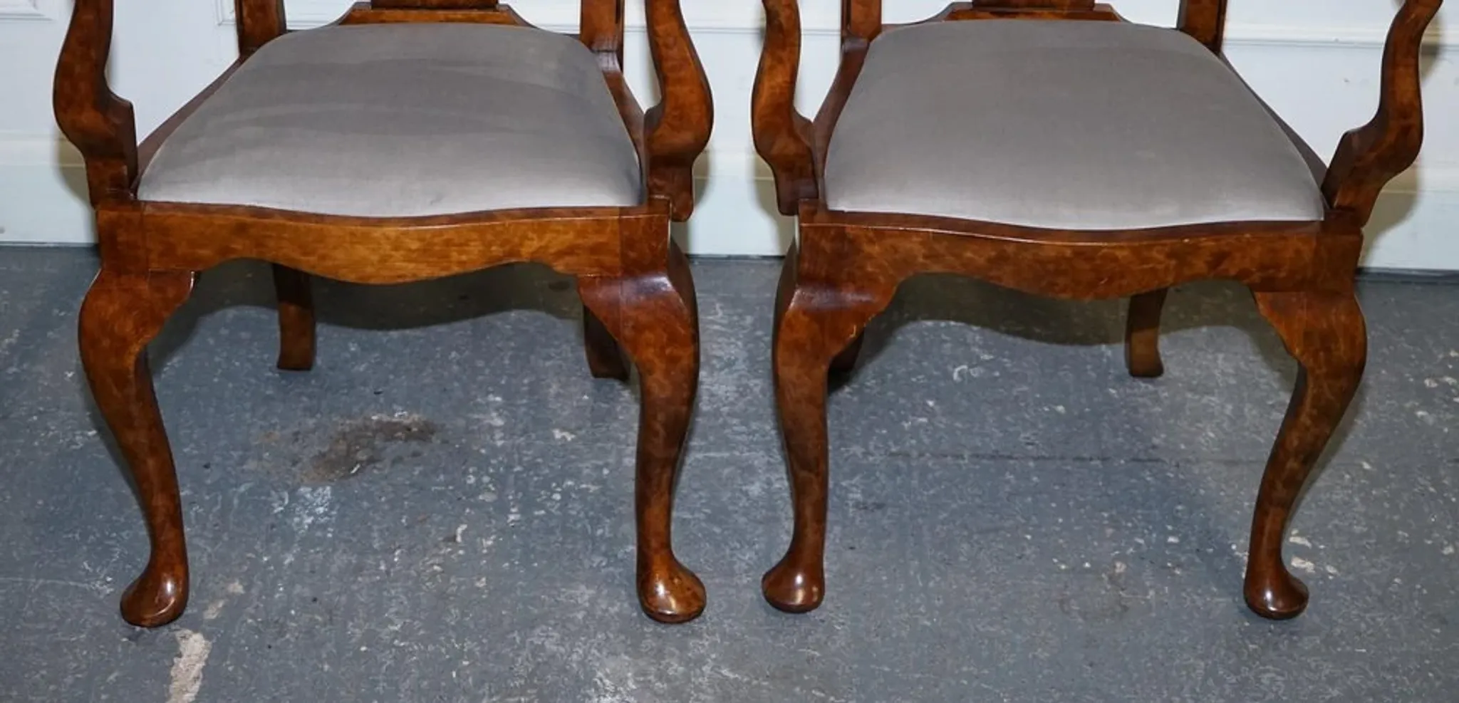 Art Deco Queen Anne Style Armchairs in Walnut Burl, 1920s, Set of 2