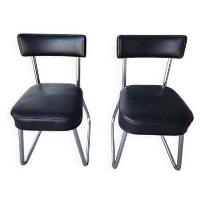 Paire de chaises bureau skaï noir et chrome vintage en très bon état